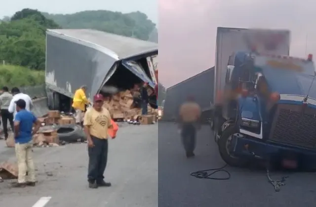 Tráiler que transportaba cerveza, choca y vuelca en Acayucan