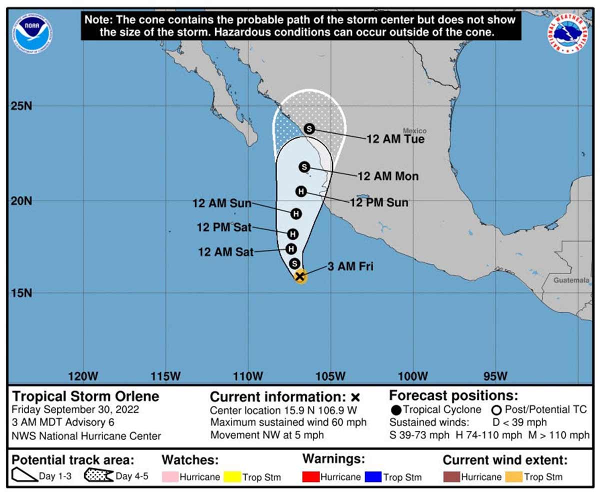 ¡Peligro! ‘Orlene’ gira hacia el noroeste y se enfila rumbo a Sinaloa y Nayarit