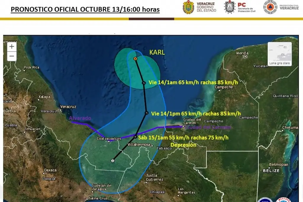 ‘Karl’ tocaría tierra entre costas de Veracruz y Tabasco: PC