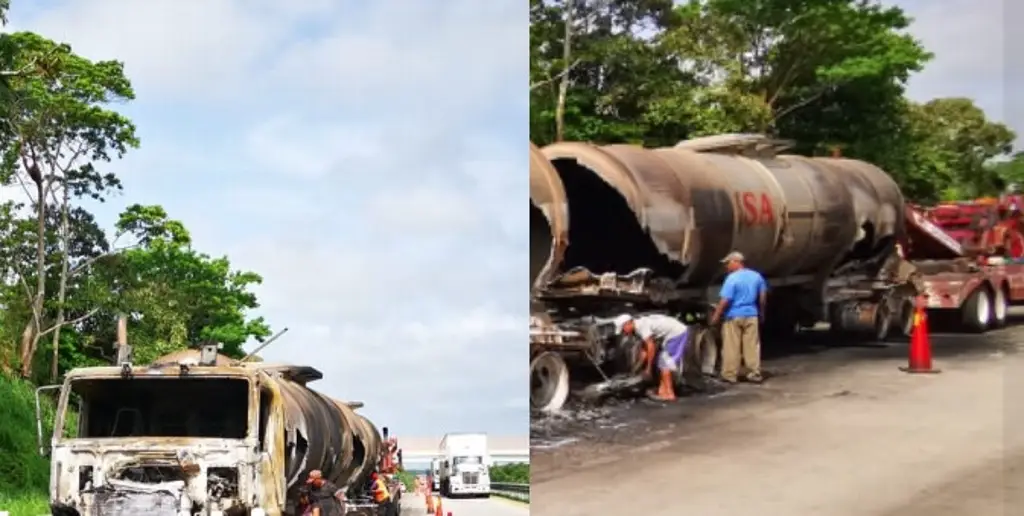 Filas de autos de 10 km por incendio de pipas en autopista Acayucan-Minatitlán