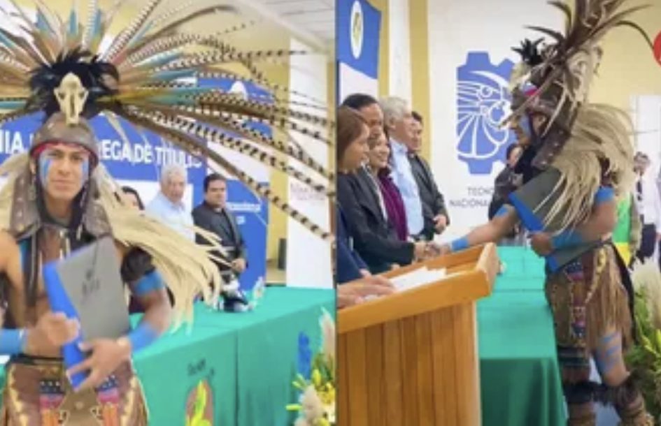 Joven indígena porta orgullosamente vestimenta prehispánica en su graduación