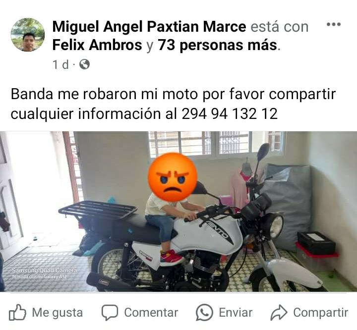 Reportan robo de motocicleta por redes sociales