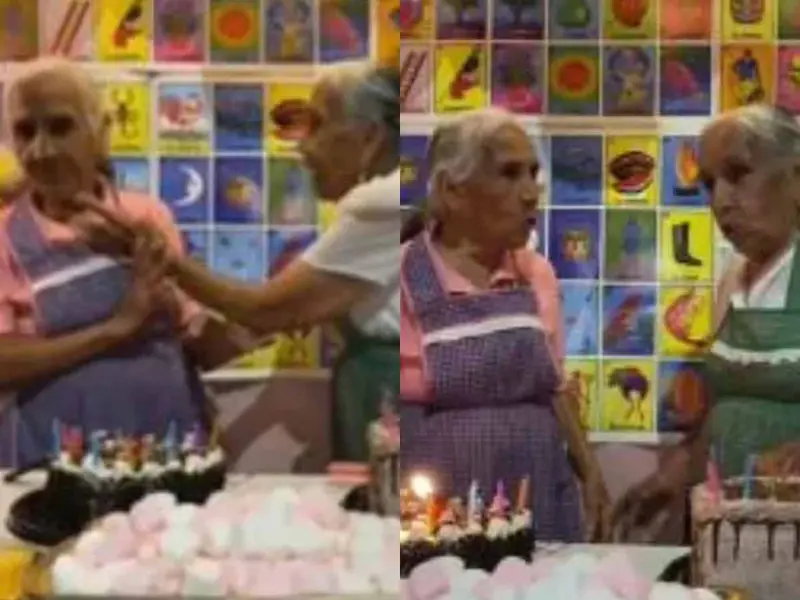 Abuelitas gemelas pelean en su primera partida de pastel de cumpleaños