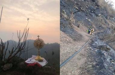 Hasta la cima de Tuxpanguillo; Párroco reza en montaña afectada por incendios