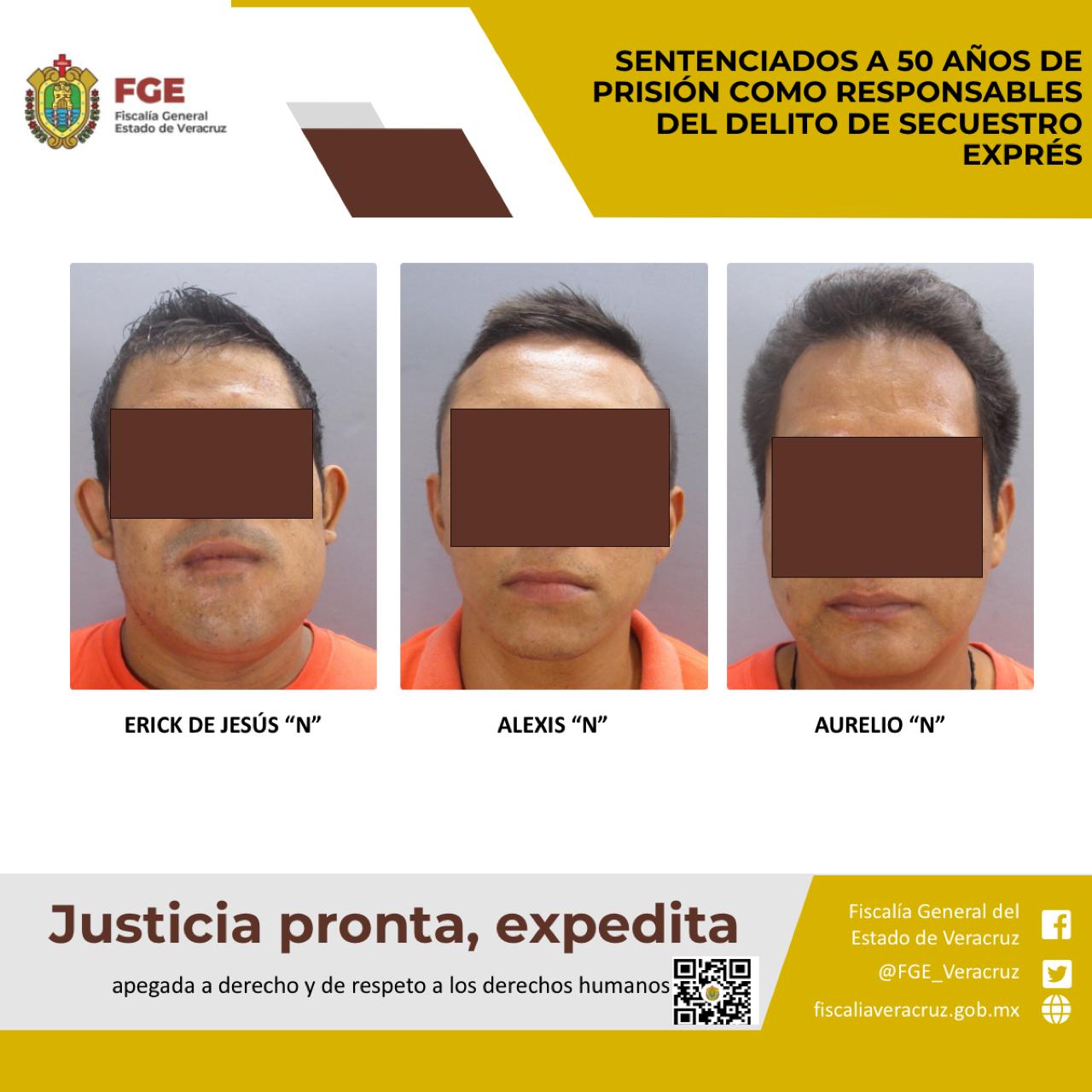 Aurelio, Alexis y Erick sentenciados a 50 años de prisión por secuestro exprés en Minatitlán