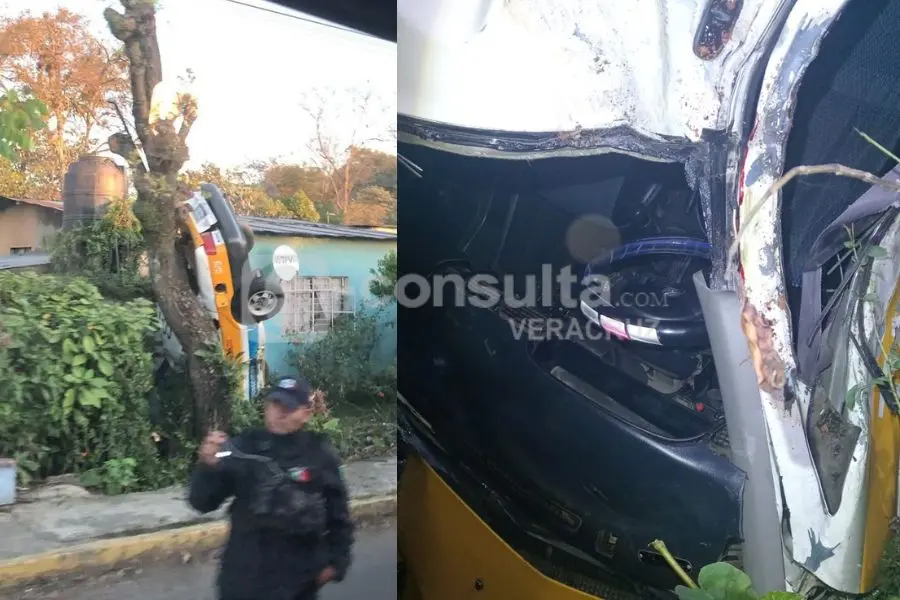 Taxista choca y queda colgando con su unidad en un árbol de Amatlán