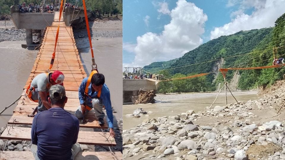 Pobladores de Texcatepec construyen puente colgante de madera tras quedar incomunicados