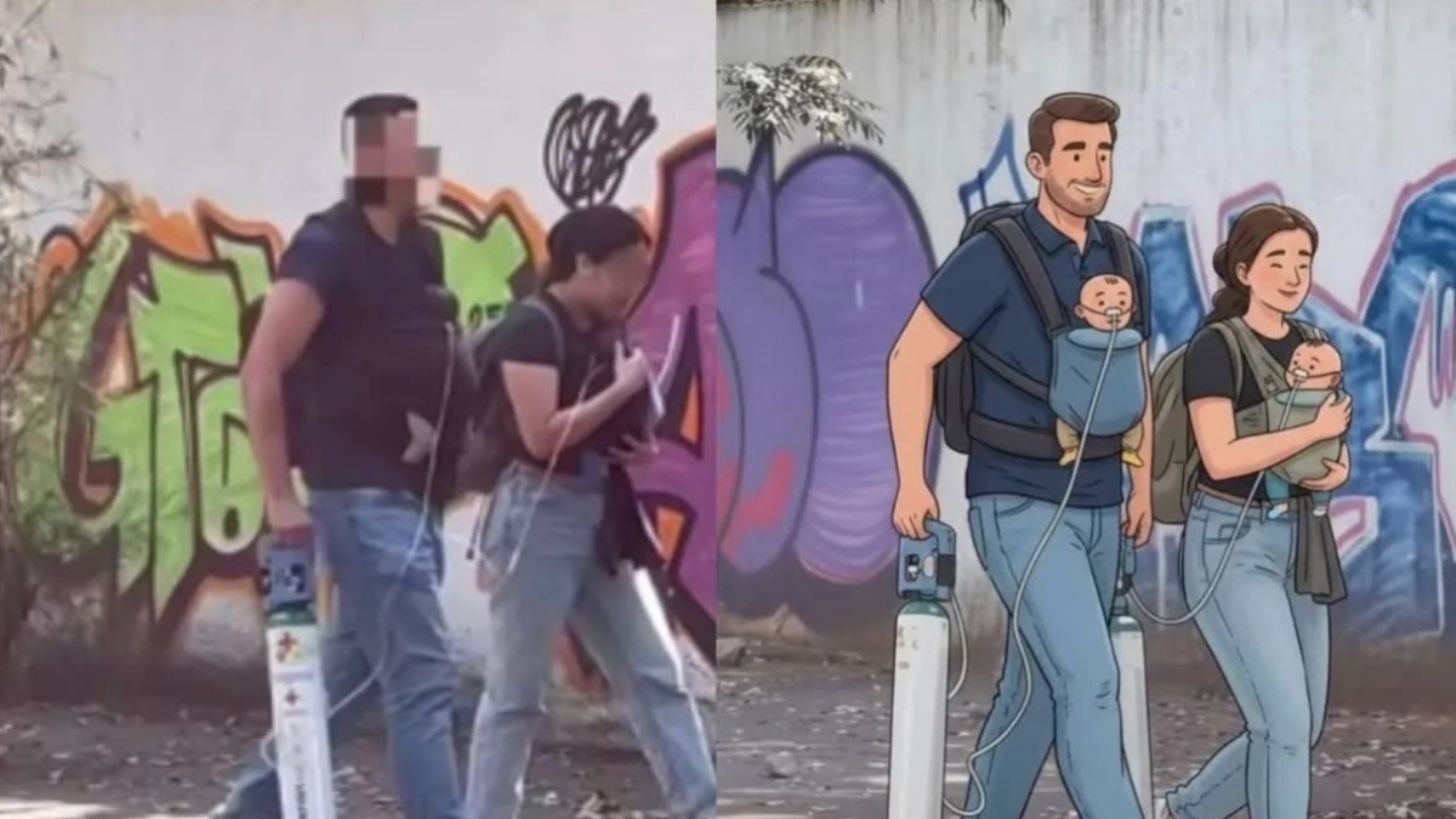 Buscan a papás que cargaban a sus bebés con tanques de oxígeno… la escena que tocó corazones