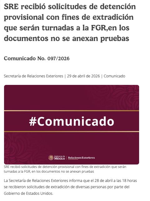 SRE responde a solicitudes de extradición 🇺🇸 tras acusación formal de EE. UU. contra funcionarios de Sinaloa