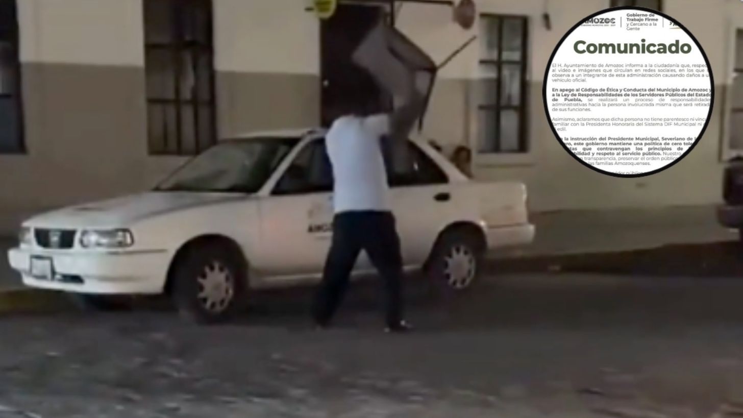 Graban a funcionario borracho rompiendo los vidrios de un vehículo oficial en Amozoc, Puebla, ya fue despedido